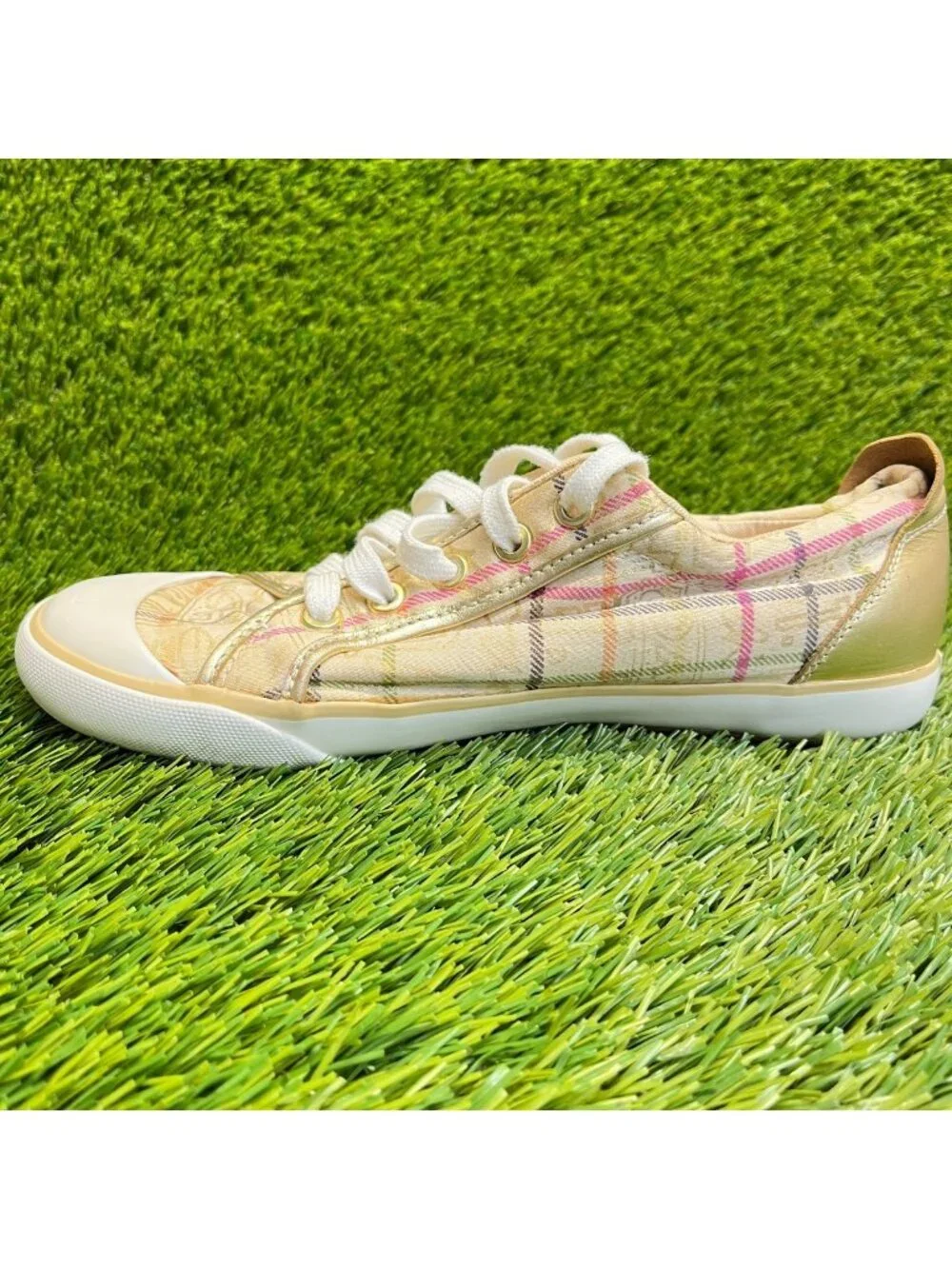 Coach Barrett Tattersall Plaid Women Size 7.5 Cream Gold Athletic Shoes Sneakers